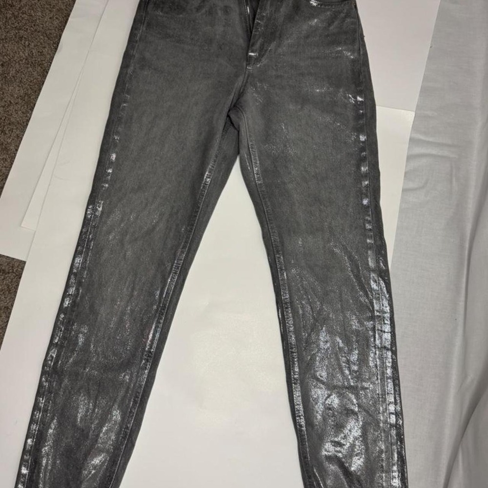 Zara TRF Silver Metallic Coated Jeans Womens 26 Gray Foil Straight Leg Raw Hem